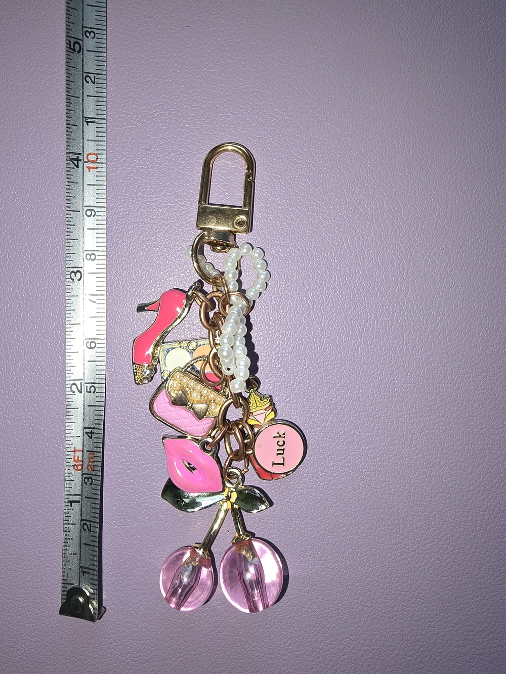 Pink 💕 Cherry Charm Keychain with Lips, Purse, Shoe, Perfume, Eyeshadow, NEW - Picture 4 of 6